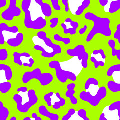 Fototapeta na wymiar Multicolored Leopard Seamless Pattern. Green background and purple spots. Square print