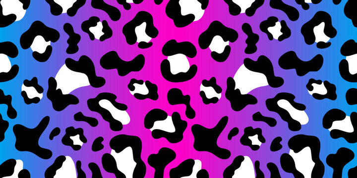 Multicolored Leopard Seamless Pattern. Pink and blue background, black and white spots. Long rectangular print