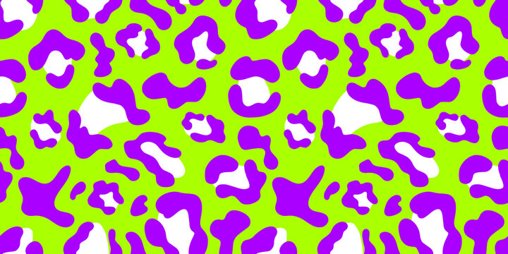Multicolored Leopard Seamless Pattern. Green background and purple spots. Long rectangular print