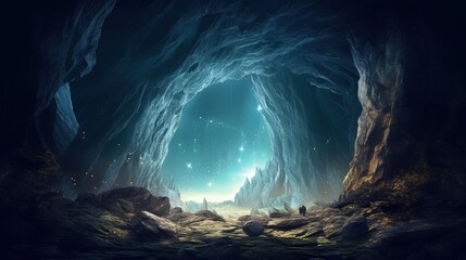 Fototapeta na wymiar A magical portal hole in a dark cave, with glowing crystals illuminating the area generative ai