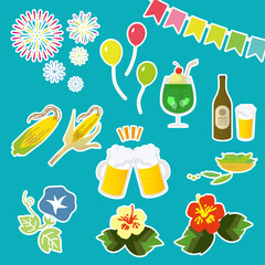 夏素材のフラットイラストセット＿白フチシール風