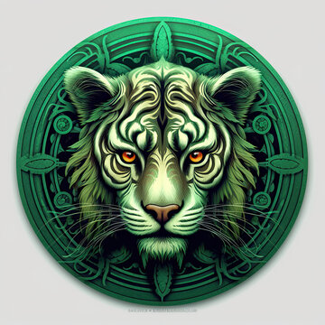 Tiger head green mandala. AI generated