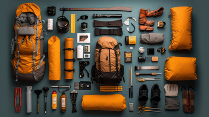 Adventure Awaits: Neatly Organized Camping Gear in Knolling Photography. Generative AI.