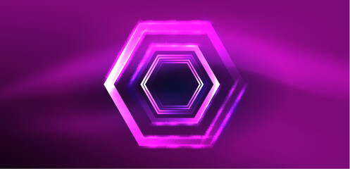 Hexagon abstract background. Techno glowing neon hexagon shapes vector illustration for wallpaper, banner, background, landing page, wall art, invitation, prints, posters