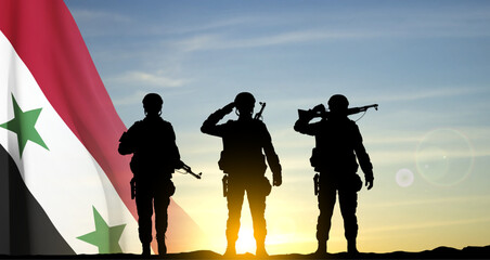 Fototapeta na wymiar Silhouettes of a soldiers against the sunset with Syria flag. EPS10 vector