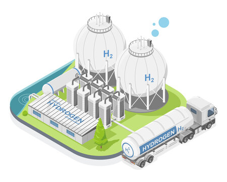 Green hydrogen H2 future energy factory power plant transportation to city concept semi trailer gas tank refill isometric cartoon isolated symbols