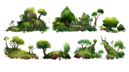 Set of Lush Forest Landscapes with Green Trees and Shrubs, Isolated on Transparent Background, Generative AI