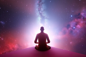 a man meditating under a galaxy sky