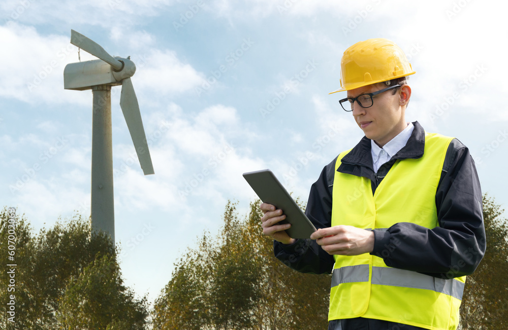 Poster Engineer with tablet computer on a background of broken wind turbine	