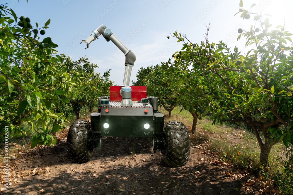 Poster autonomous robot harvester with robotic arm harvesting fruits on a smart farm. concept
