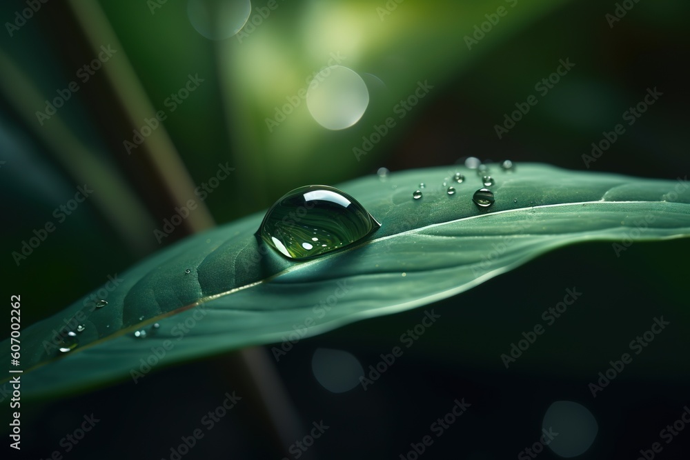 Poster a single green leaf that has drops of water on it generative ai