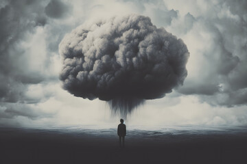Man with anxiety surrounded by large dark cloud hovering over their head. Mental disorder and chaos in consciousness ai generated art Generative AI