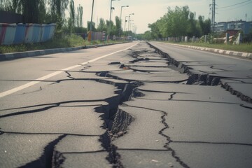 Cracks street road after earthquake. Generate Ai - obrazy, fototapety, plakaty