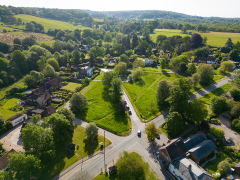 Aerial view of Shamley Green village, Surrey UK on a sunny May morning