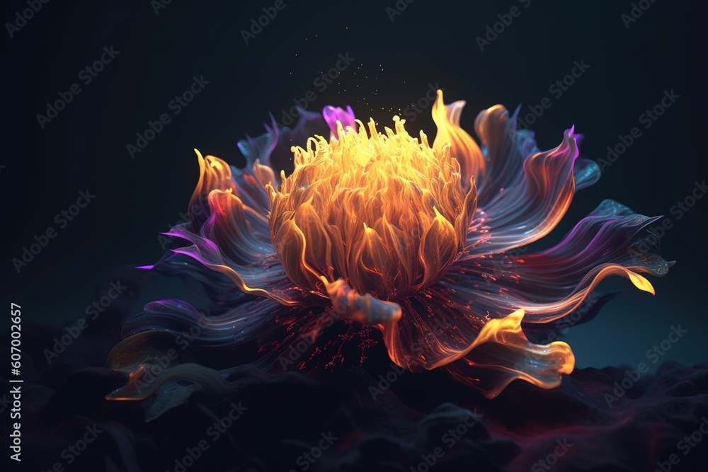 Poster a multicolored flower set on a dark backdrop. generative ai