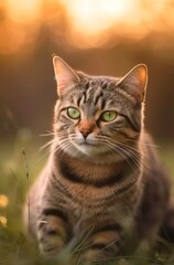 Fototapeta premium Portrait of an adorable tabby gray cat outdoor. Generative AI.