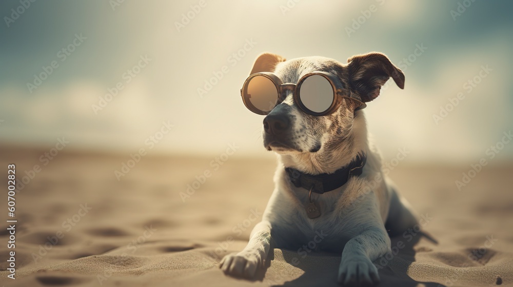 Poster a dog donning a pair of goggles and lounging on the sand with them on. generative ai