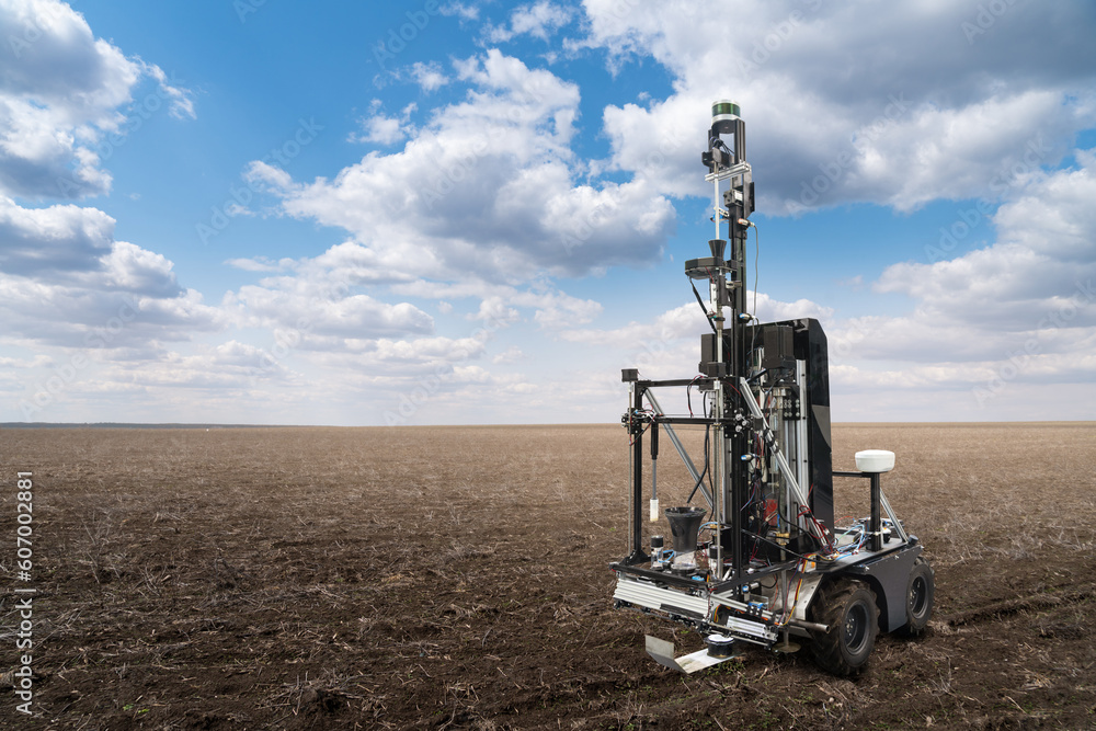 Poster autonomous robot for measuring soil quality in an agricultural field. smart farming concept