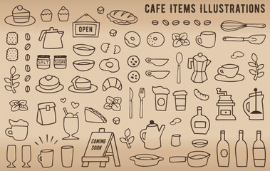 手描きのカフェアイテムのイラストセット