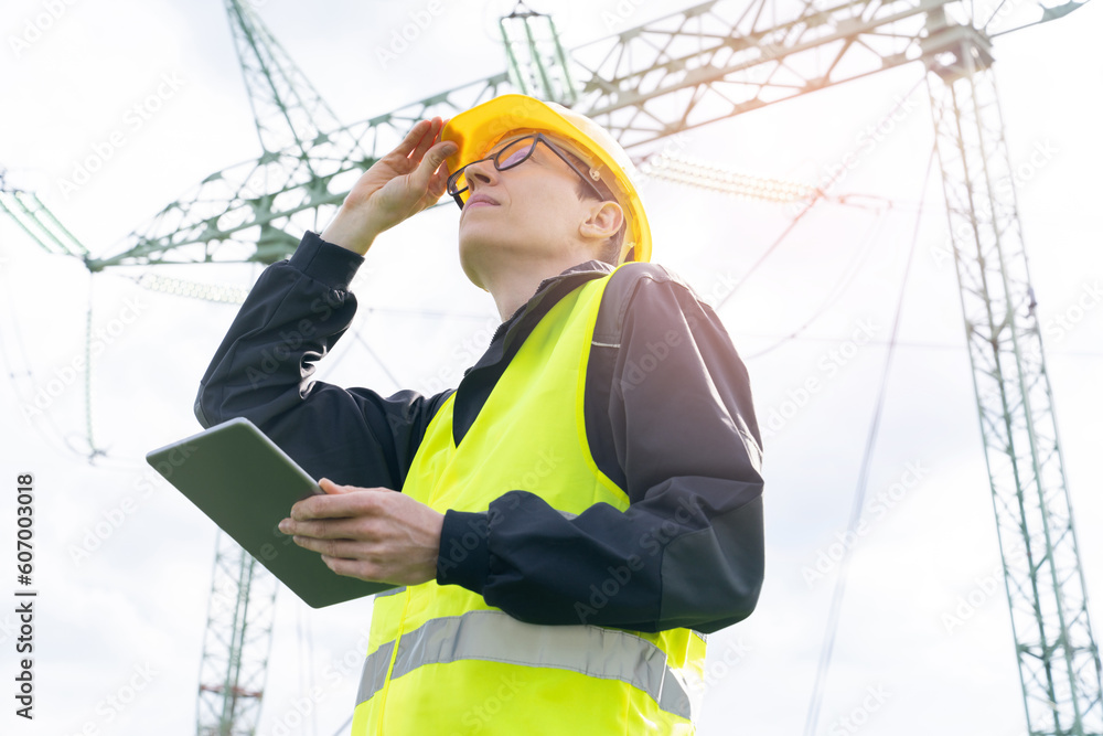 Aufkleber Engineer with digital tablet on a background of power line tower.