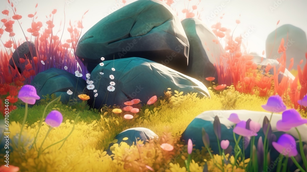 Poster a picture of rocks and flowers growing in a field together. generative ai