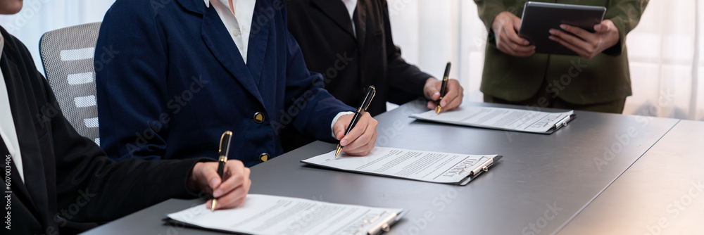 Wall mural Panorama view of corporate executives sign joint business contract in boardroom, negotiating partnership agreement for collaboration. Professional agreement between big corporations. Prodigy