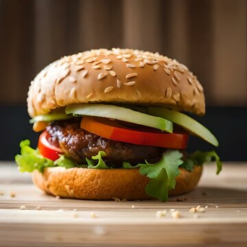 This image showcases a mouthwatering burger with a juicy beef patty, fresh toppings, and a toasted sesame bun. The presentation is appealing and captures the burger's delicious details. ai generated