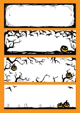 Halloween night background with bats, branches and spiders. Vector horizontal poster with place for your text.