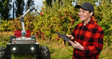 Farmer controls autonomous robot harvester with robotic arm harvesting apples on a smart farm. Concept