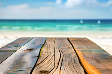 Selective focus, Wood table top on soft focus sea view background. For montage product display. generative ai. - 607003879