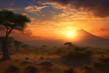 Sunset kenya landscape savanna. Generate Ai