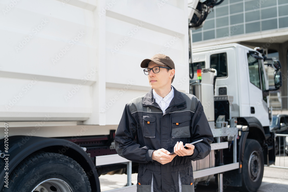 Poster manager with a digital tablet next to garbage truck.
