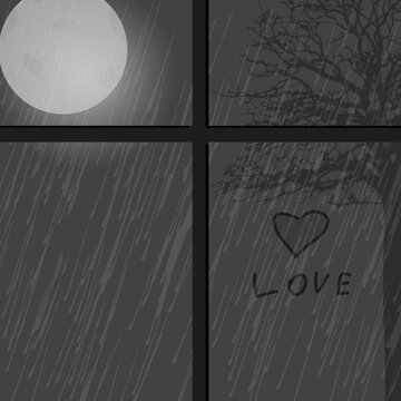 Night View outside the Window. Rain, moon and silhouette of tree outside the window. Heart on the Glass and the inscription Love. Romantic Vector Art.