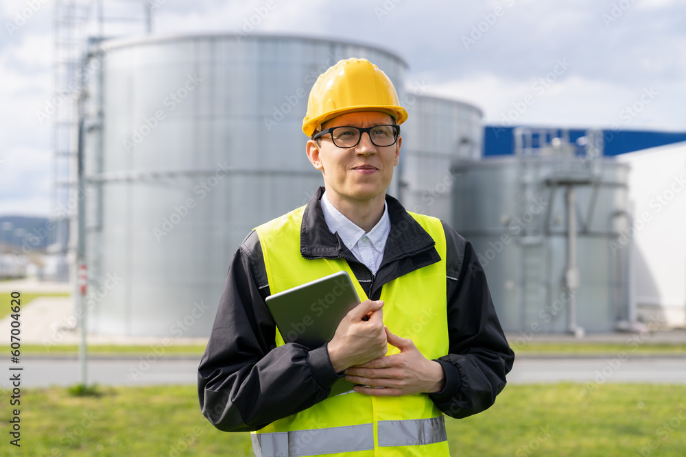 Poster engineer with digital tablet on a background of gas tanks.