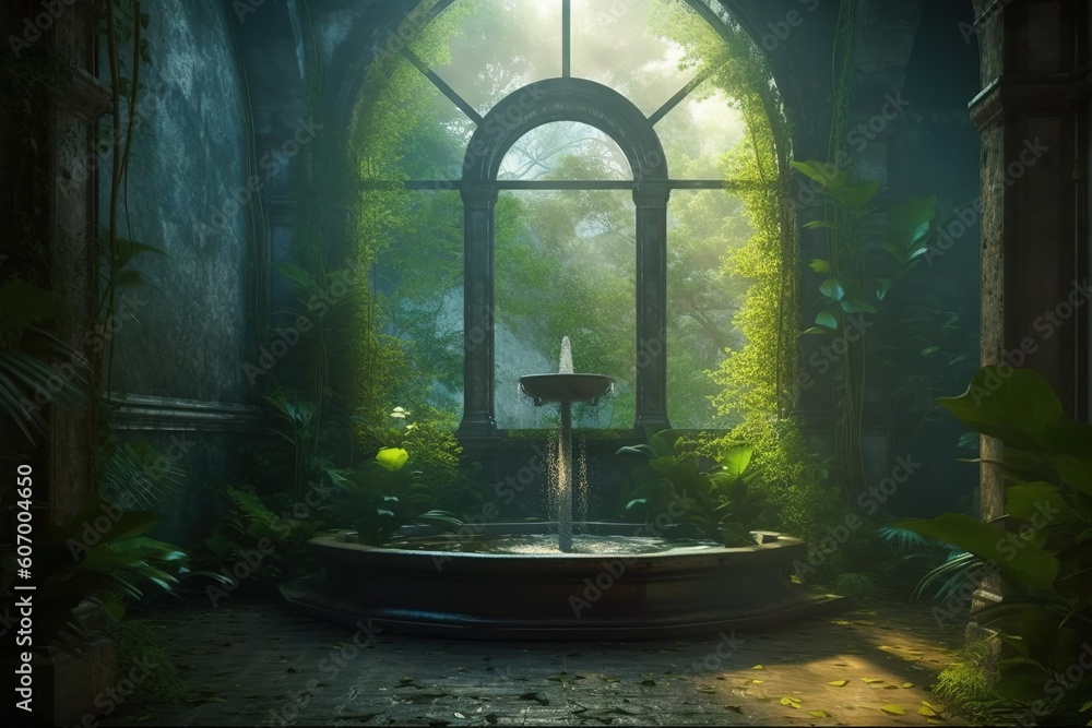 Poster a water feature situated in front of a big window generative ai