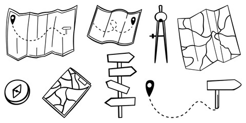 Fototapeta premium Hand drawn camping navigation. Folded paper maps with a route. Map for camping, hiking, local tourism. Route on map. Elements isolated on white.
