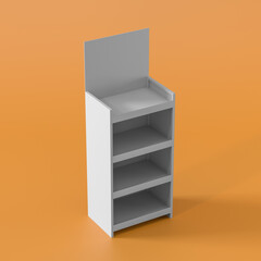White POS POI Cardboard Floor Display Rack For Supermarket Blank Empty Displays With Shelves Products On Orange Background Isolated. 3d Rendering