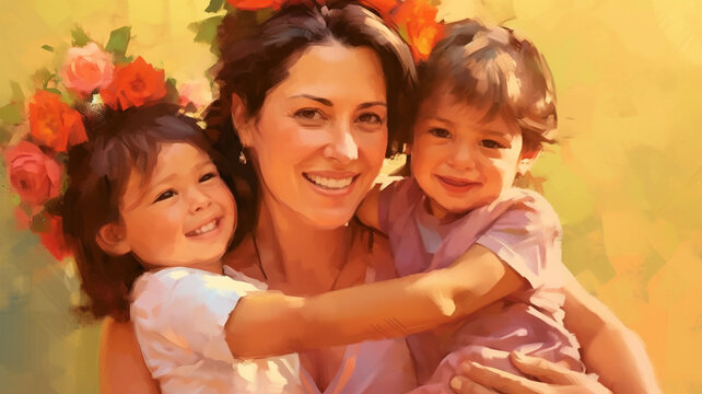 Painted image of a young mother holding her kids, parenthood, mother's day