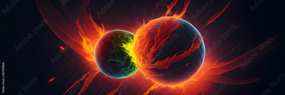 Canvas Prints background explosion collision of two planets in the sky (red and green)
