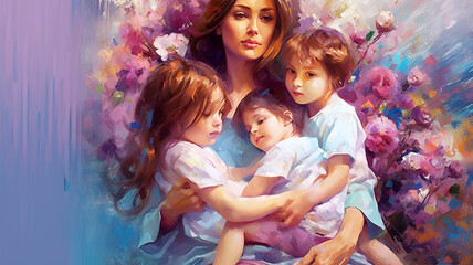Fototapeta premium Painted image of a young mother holding her kids, parenthood, mother's day