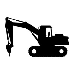 Black silhouette of Excavator isolated on transparent background. PNG