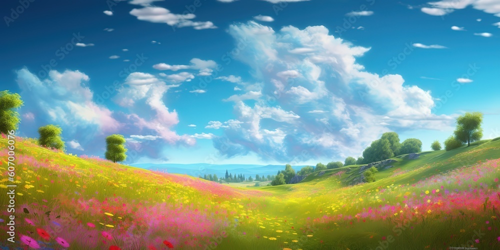 Poster a picture depicting a meadow with some trees and flowers in it generative ai