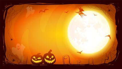 Halloween night background with Moon and witch on a broomstick, bats and Jack O'Lanterns. Vector poster illustration