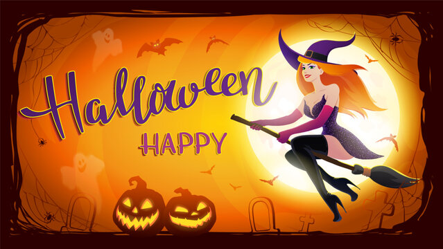 Halloween night background with Moon and redhead sexy witch on a broomstick, bats and Jack O'Lanterns. Vector poster illustration