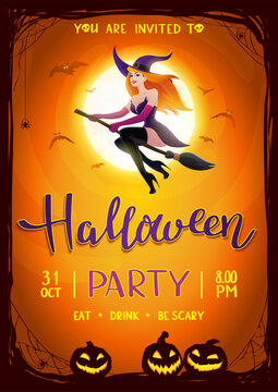 Halloween party poster with Moon and redhead sexy witch on a broomstick, bats and Jack O'Lanterns. Vector poster illustration