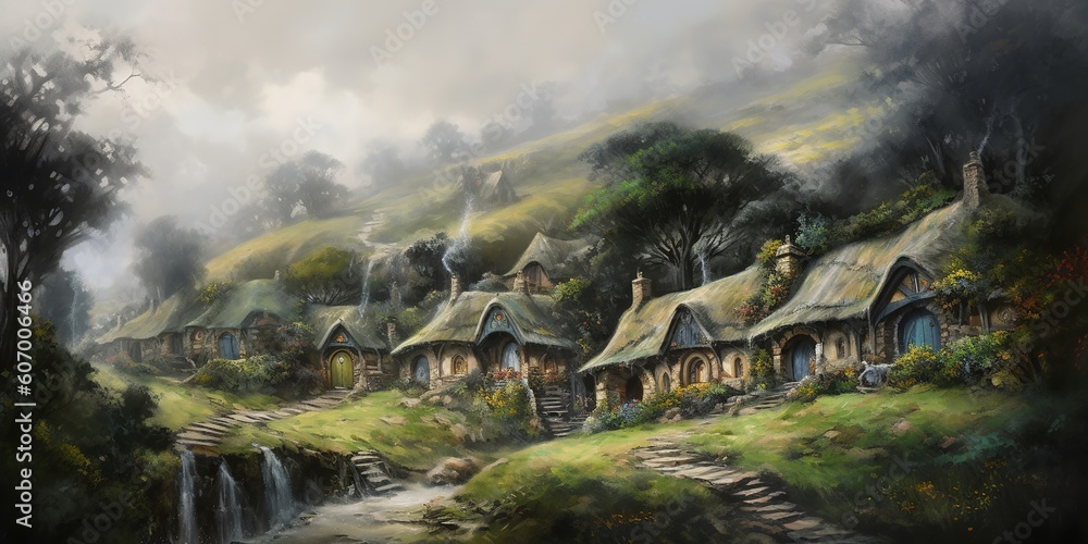 Poster an image depicting a town that is situated next to a waterfall generative ai