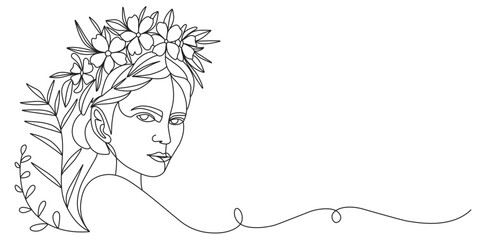 Women’s day line art style vector illustration. Line art vector illustration of a woman face with flower in hair