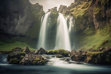 River, and Lush Greenery in a Serene Landscape. Beautiful Waterfall Landscape