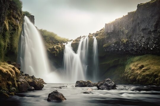 River, and Lush Greenery in a Serene Landscape. Beautiful Waterfall Landscape © Bussakon