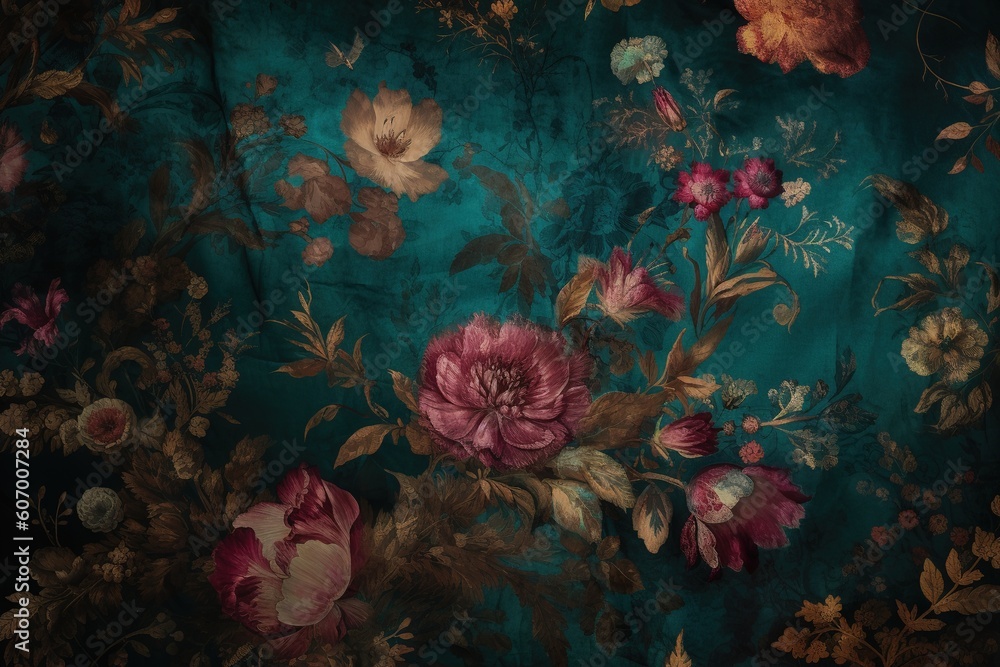 Poster an image that has a green backdrop with a bouquet of flowers on it generative ai